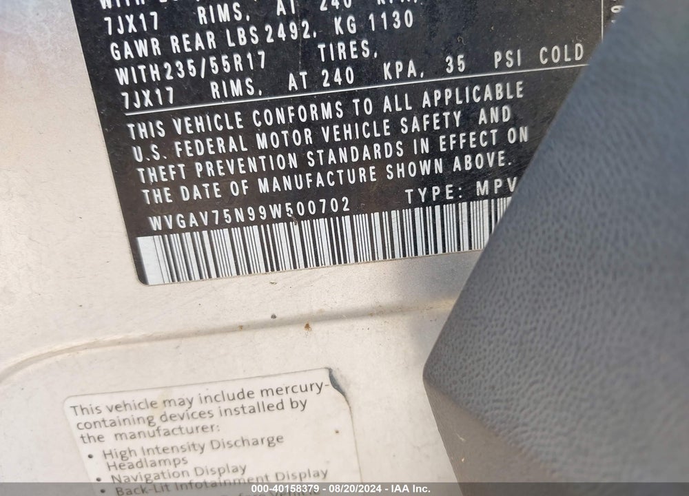 2009 VOLKSWAGEN TIGUAN S/SE/SEL VIN: WVGAV75N99W500702