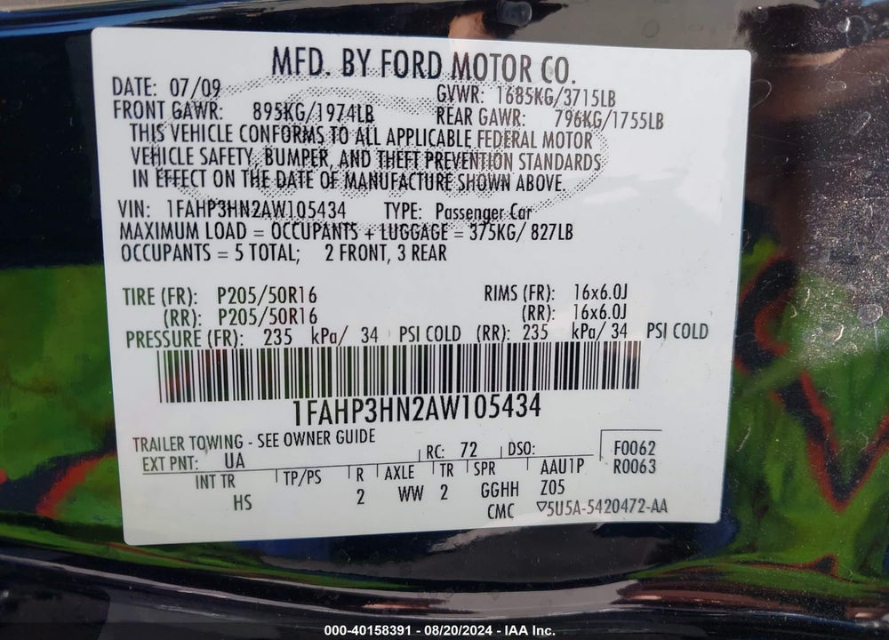 2010 FORD FOCUS VIN: 1FAHP3HN2AW105434