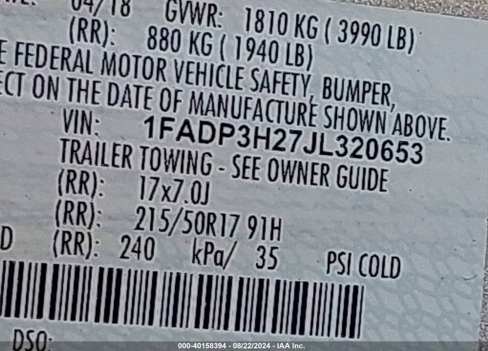 2018 FORD FOCUS SEL VIN: 1FADP3H27JL320653
