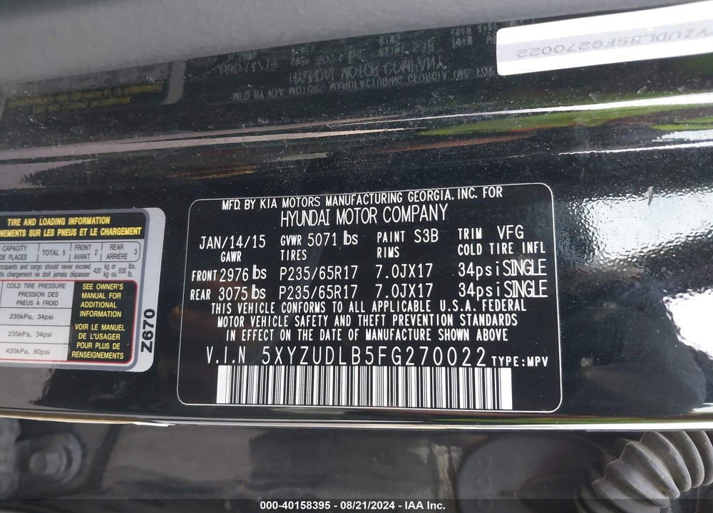 2015 HYUNDAI SANTA FE SPORT 2.4L VIN: 5XYZUDLB5FG270022