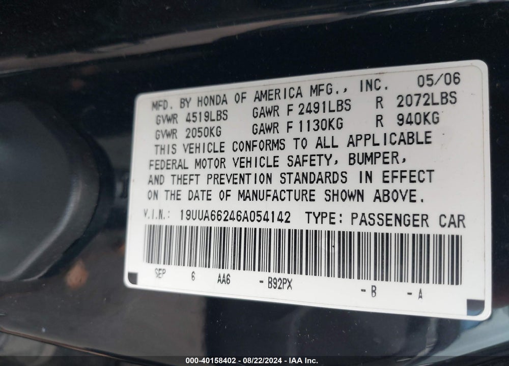 2006 ACURA TL VIN: 19UUA66246A054142