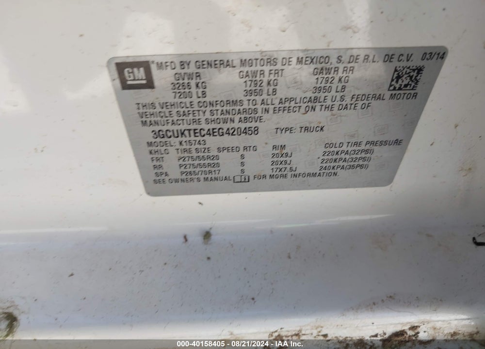 2014 CHEVROLET SILVERADO 1500 HIGH COUNTRY VIN: 3GCUKTEC4EG420458