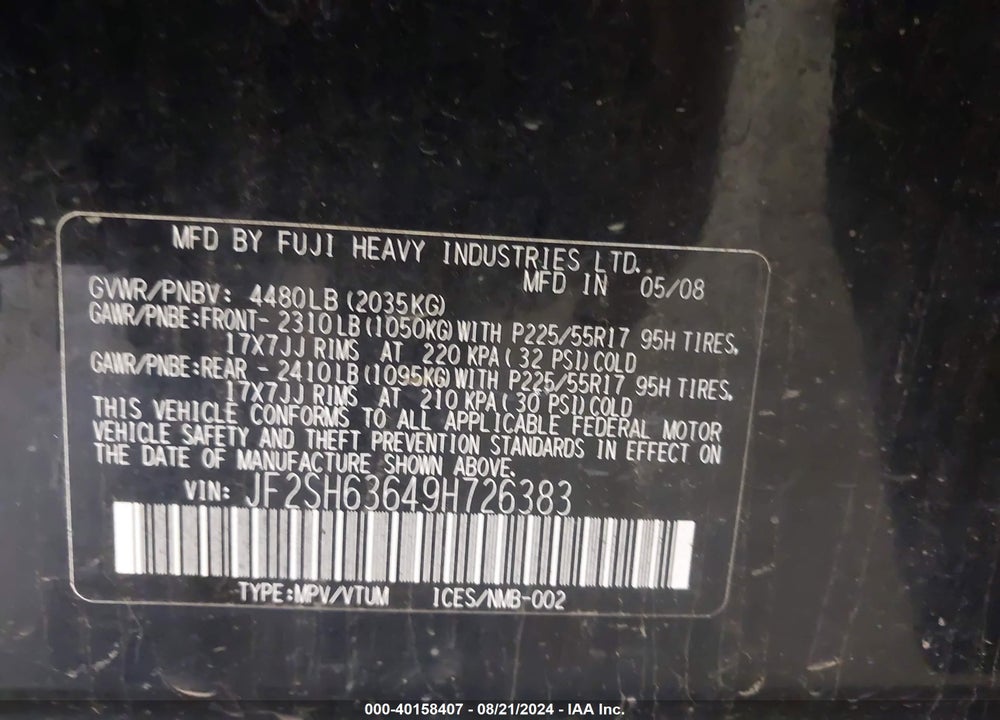 2009 SUBARU FORESTER 2.5X VIN: JF2SH63649H726383