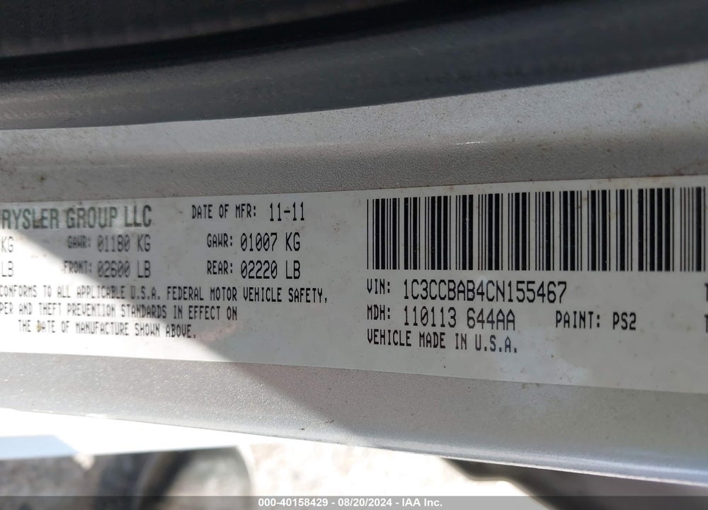 2012 CHRYSLER 200 LX VIN: 1C3CCBAB4CN155467