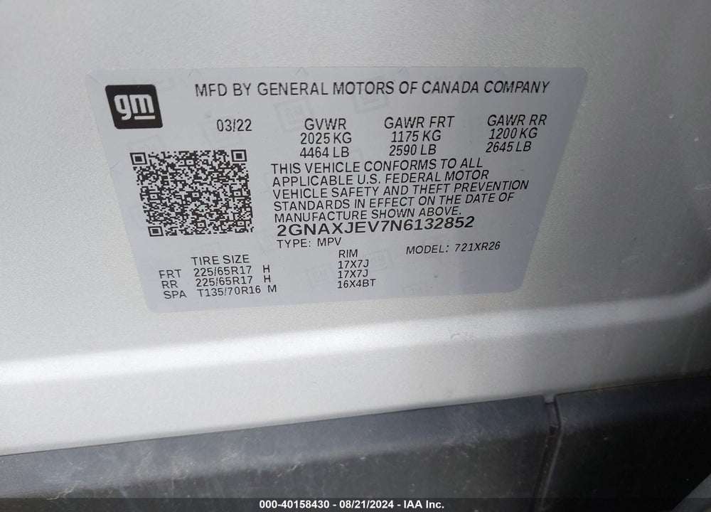 2022 CHEVROLET EQUINOX FWD 2FL VIN: 2GNAXJEV7N6132852