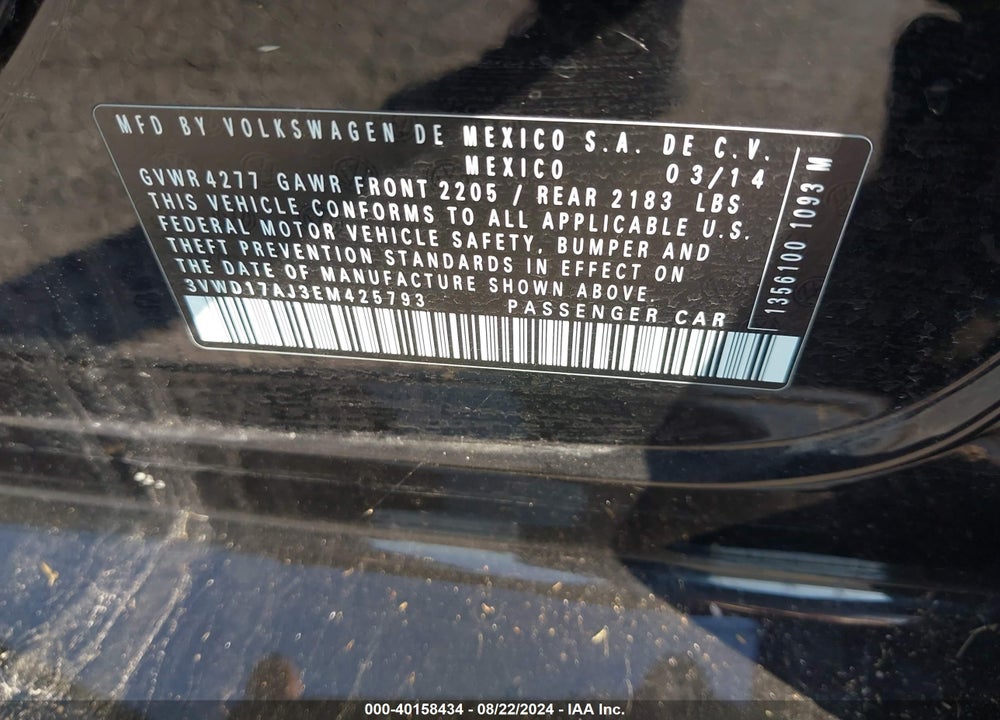 2014 VOLKSWAGEN JETTA 1.8T SE VIN: 3VWD17AJ3EM425793