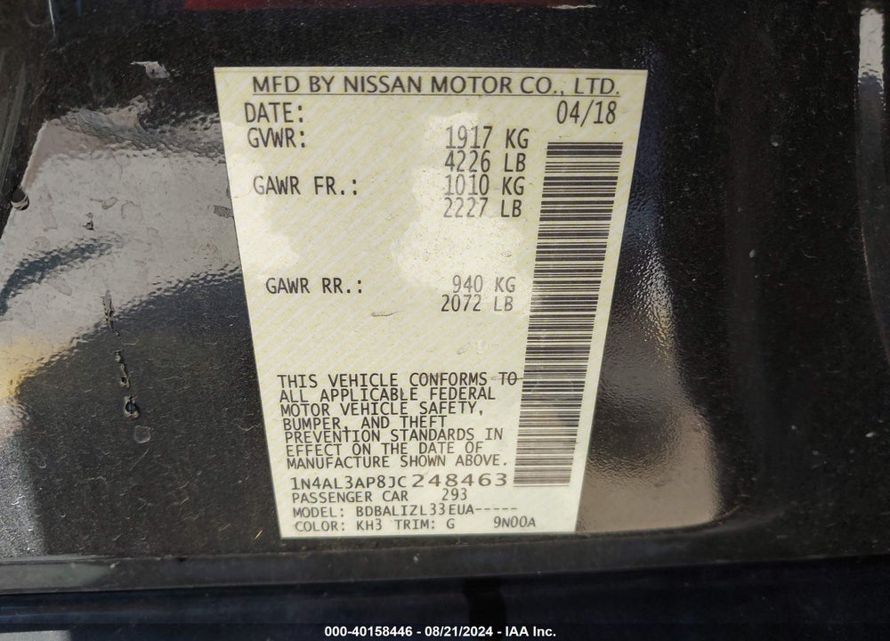 2018 NISSAN ALTIMA 2.5 SV VIN: 1N4AL3AP8JC248463