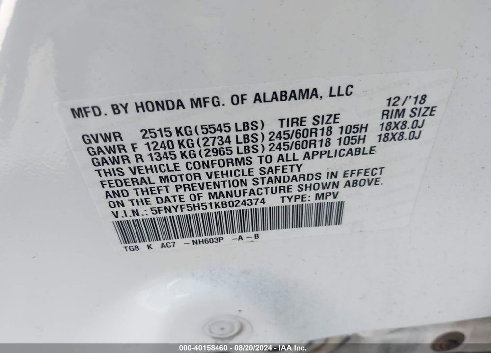 2019 HONDA PILOT EX-L VIN: 5FNYF5H51KB024374