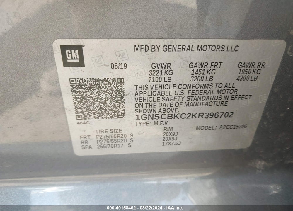 2019 CHEVROLET TAHOE LT VIN: 1GNSCBKC2KR396702