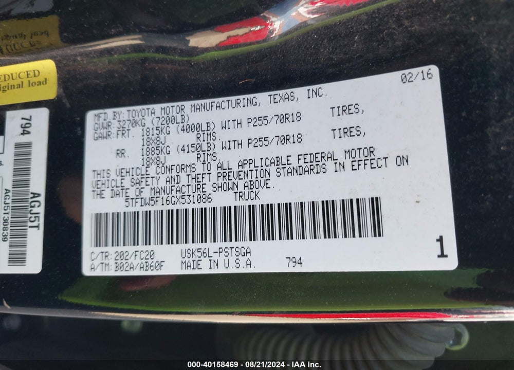 2016 TOYOTA TUNDRA SR5 5.7L V8 VIN: 5TFDW5F16GX531086