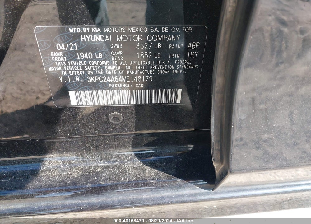 2021 HYUNDAI ACCENT SE VIN: 3KPC24A64ME148179