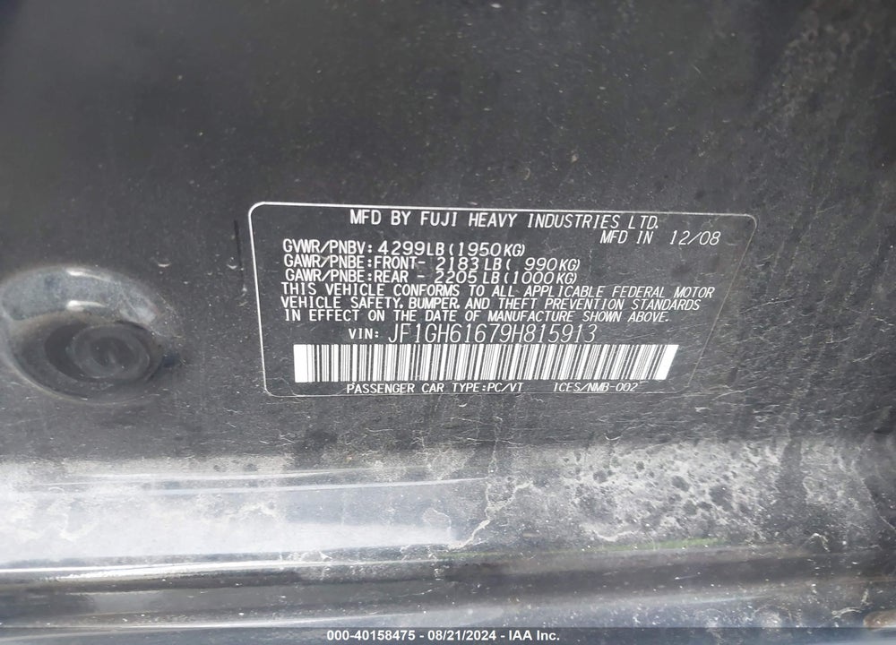2009 SUBARU IMPREZA 2.5I VIN: JF1GH61679H815913