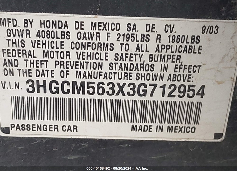 2003 HONDA ACCORD 2.4 LX VIN: 3HGCM563X3G712954