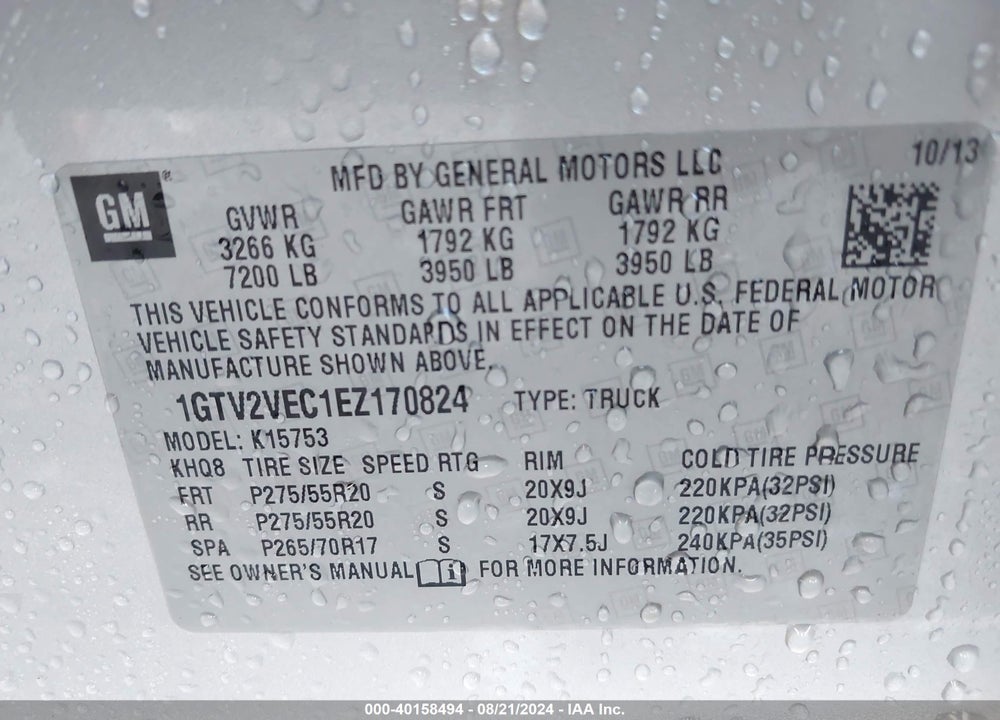 2014 GMC SIERRA 1500 SLT VIN: 1GTV2VEC1EZ170824