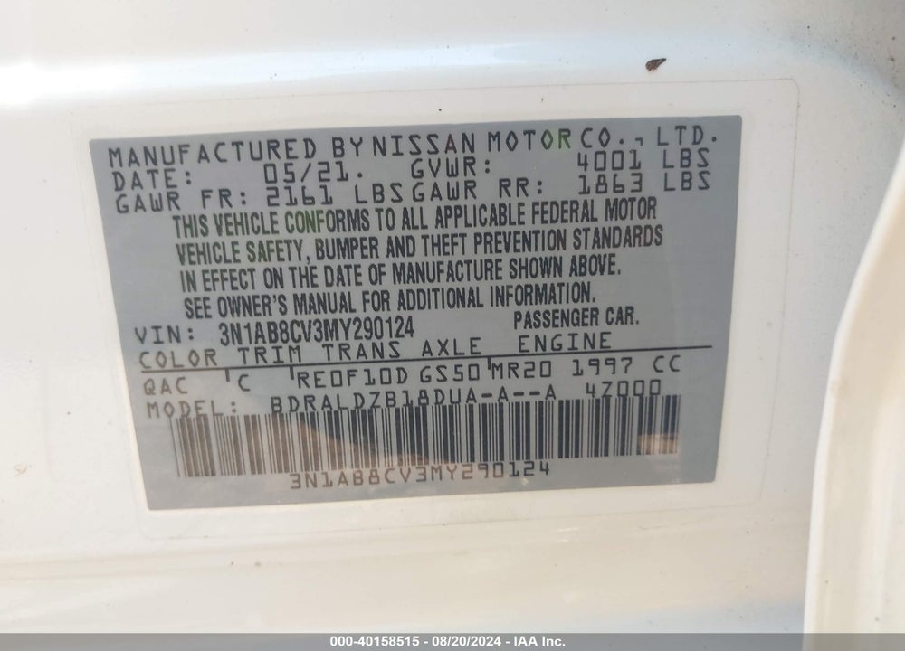 2021 NISSAN SENTRA SV XTRONIC CVT VIN: 3N1AB8CV3MY290124