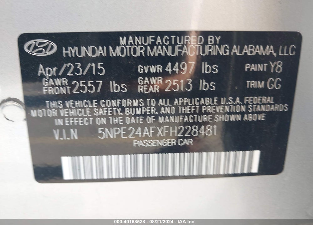 2015 HYUNDAI SONATA SE VIN: 5NPE24AFXFH228481