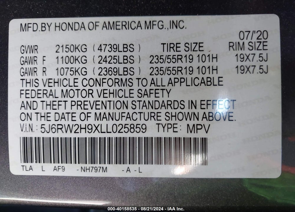 2020 HONDA CR-V AWD TOURING VIN: 5J6RW2H9XLL025859
