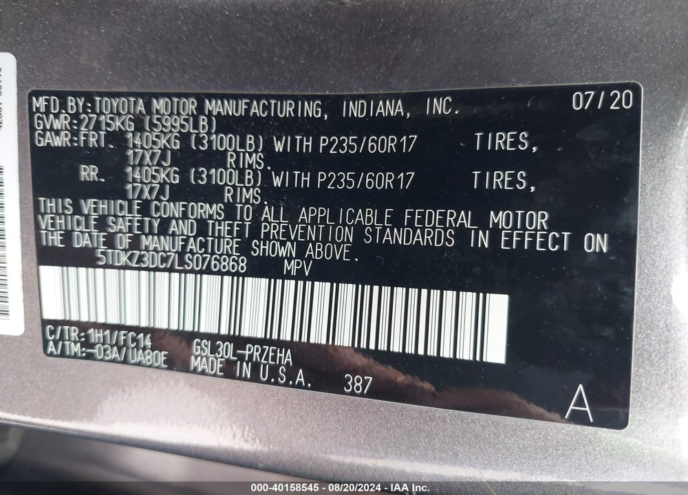 2020 TOYOTA SIENNA LE VIN: 5TDKZ3DC7LS076868