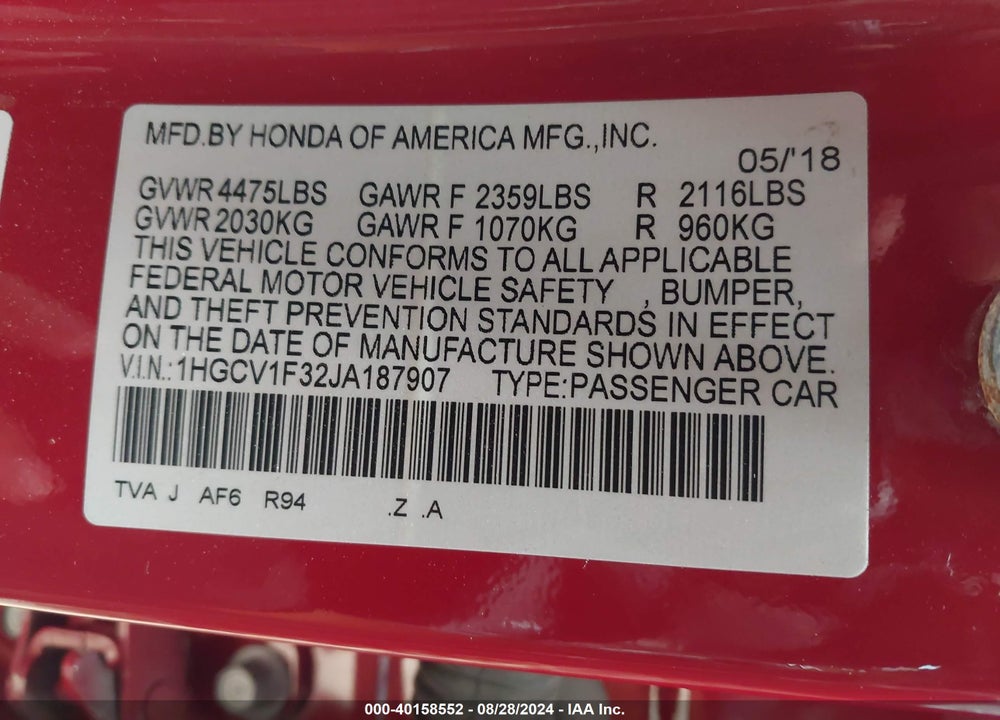 2018 HONDA ACCORD SPORT VIN: 1HGCV1F32JA187907