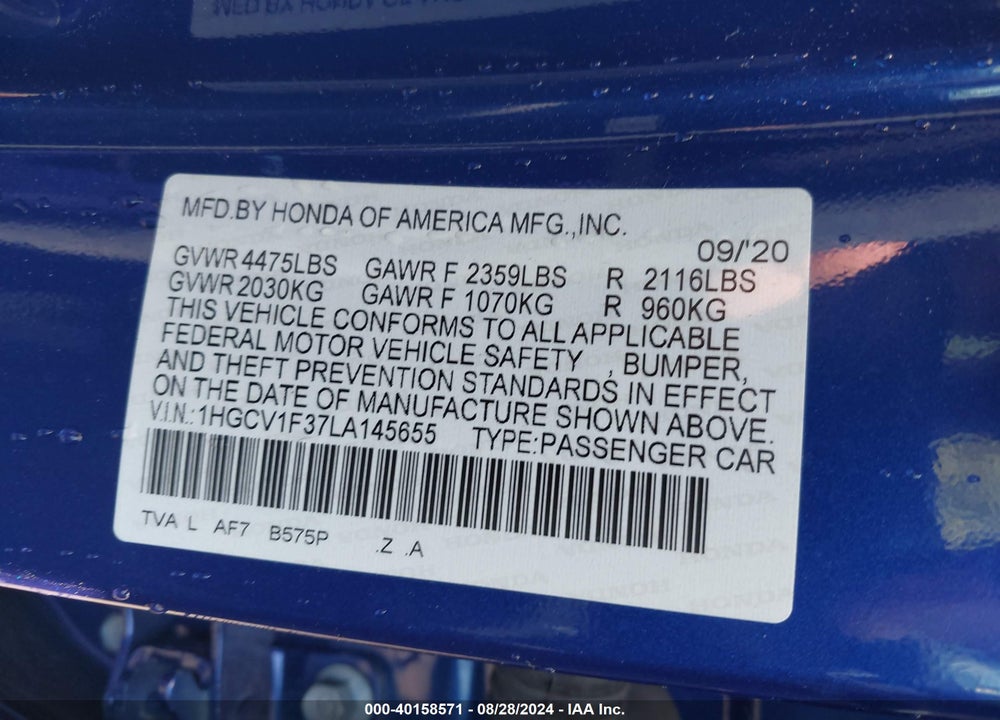2020 HONDA ACCORD SPORT VIN: 1HGCV1F37LA145655