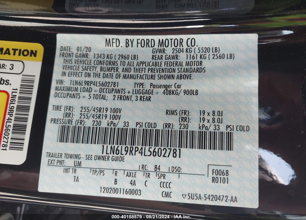 2020 LINCOLN CONTINENTAL RESERVE VIN: 1LN6L9RP4L5602781