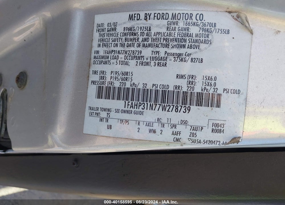 2007 FORD FOCUS S/SE/SES VIN: 1FAHP31N77W278739