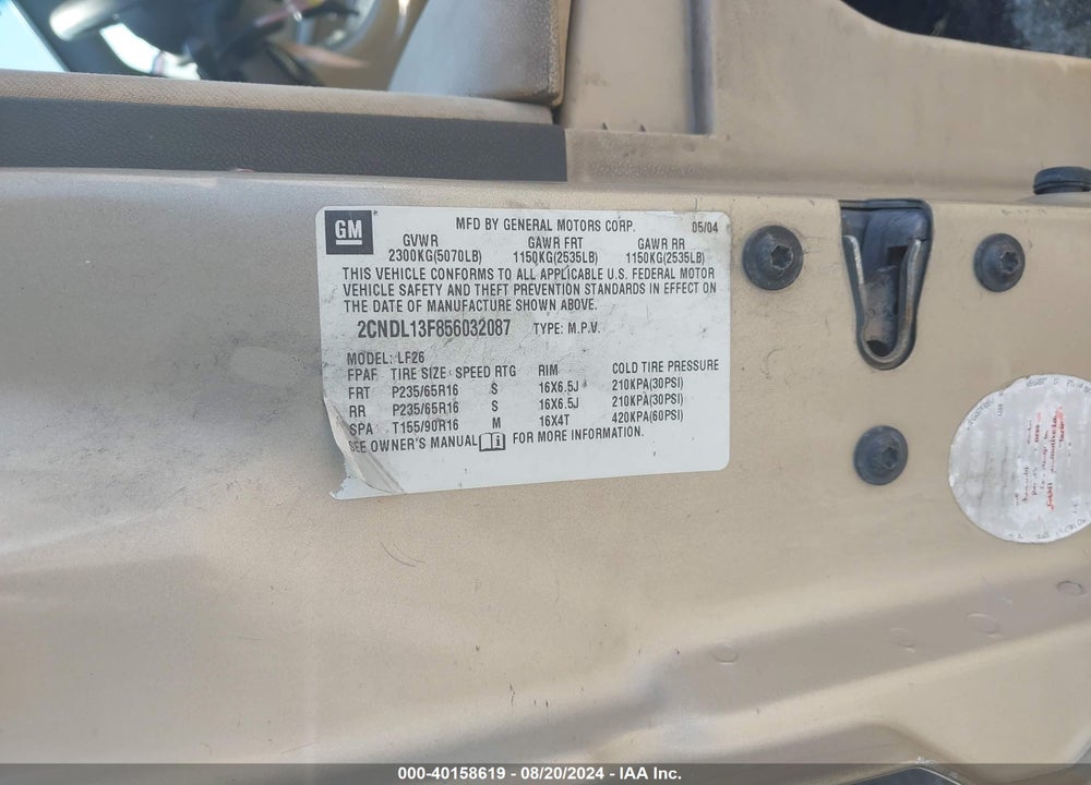 2005 CHEVROLET EQUINOX LS VIN: 2CNDL13F856032087