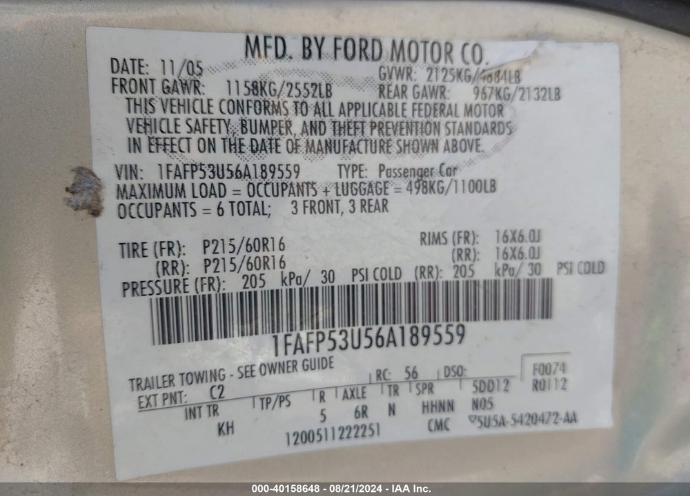 2006 FORD TAURUS SE VIN: 1FAFP53U56A189559