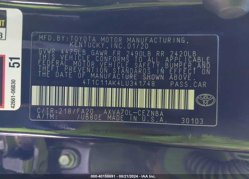 2020 TOYOTA CAMRY LE VIN: 4T1C11AK4LU341748