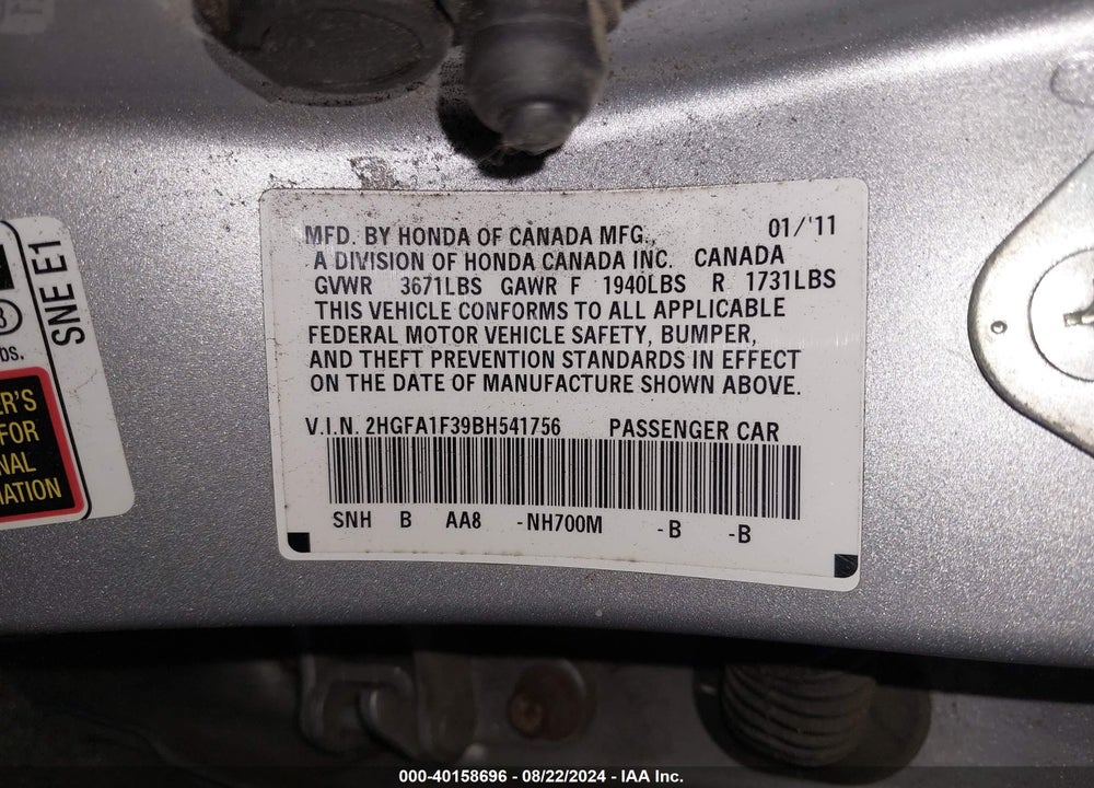 2011 HONDA CIVIC VP VIN: 2HGFA1F39BH541756