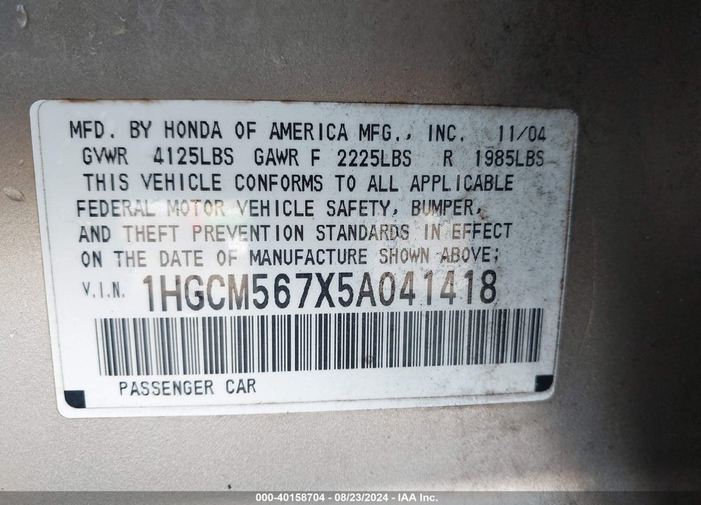 2005 HONDA ACCORD 2.4 EX VIN: 1HGCM567X5A041418