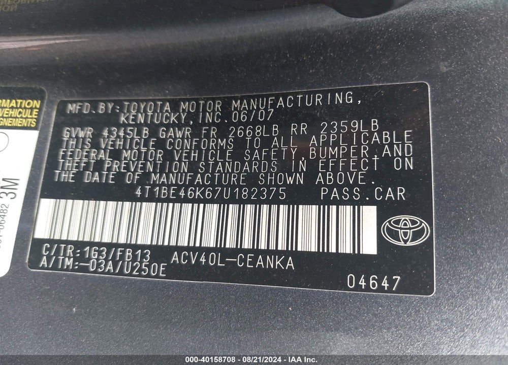 2007 TOYOTA CAMRY LE VIN: 4T1BE46K67U182375