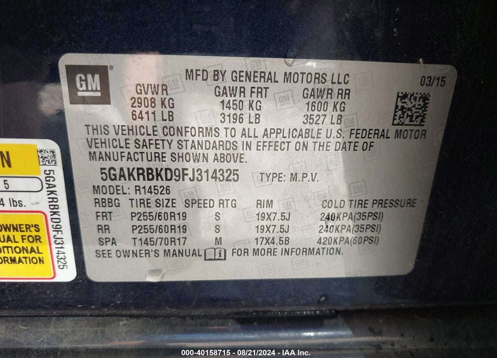 2015 BUICK ENCLAVE LEATHER VIN: 5GAKRBKD9FJ314325
