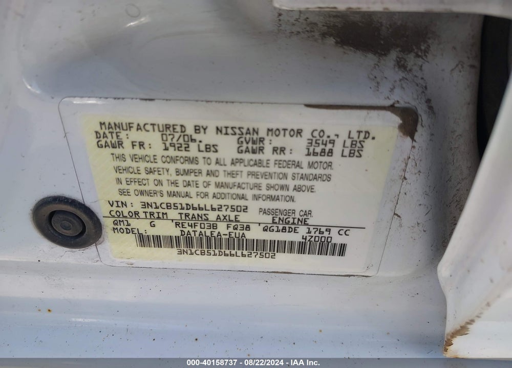 2006 NISSAN SENTRA 1.8S VIN: 3N1CB51D66L627502