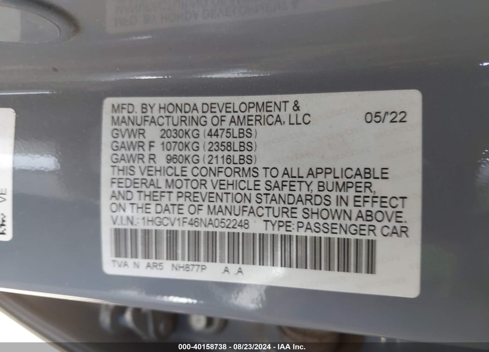 2022 HONDA ACCORD SPORT SPECIAL EDITION VIN: 1HGCV1F46NA052248