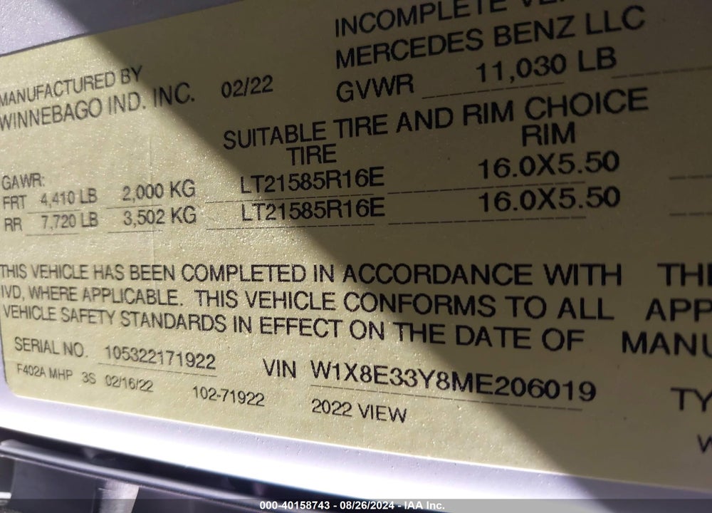 2022 WINNEBAGO SPRINTER 3500XD VIN: W1X8E33Y8ME206019
