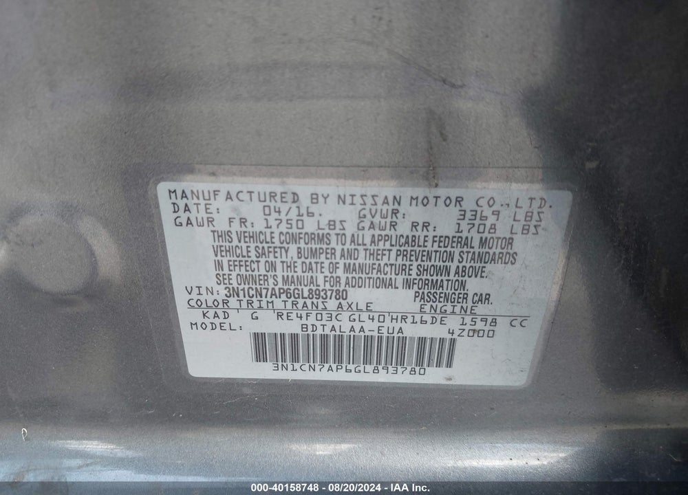 2016 NISSAN VERSA 1.6 S+ VIN: 3N1CN7AP6GL893780