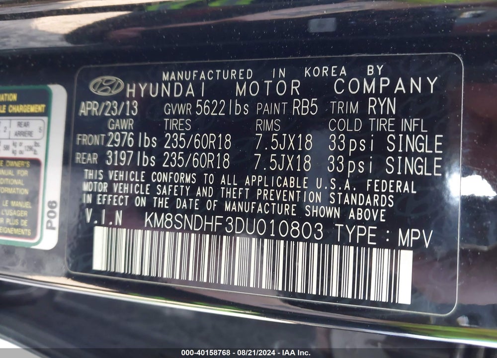 2013 HYUNDAI SANTA FE GLS VIN: KM8SNDHF3DU010803