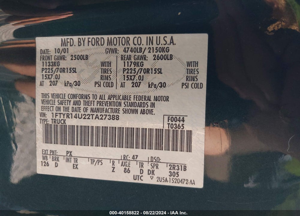 2002 FORD RANGER EDGE/TREMOR/XL/XLT VIN: 1FTYR14U22TA27388