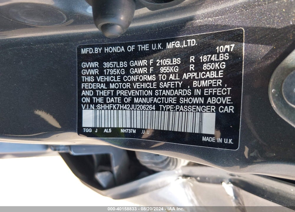 2018 HONDA CIVIC SPORT VIN: SHHFK7H42JU206264