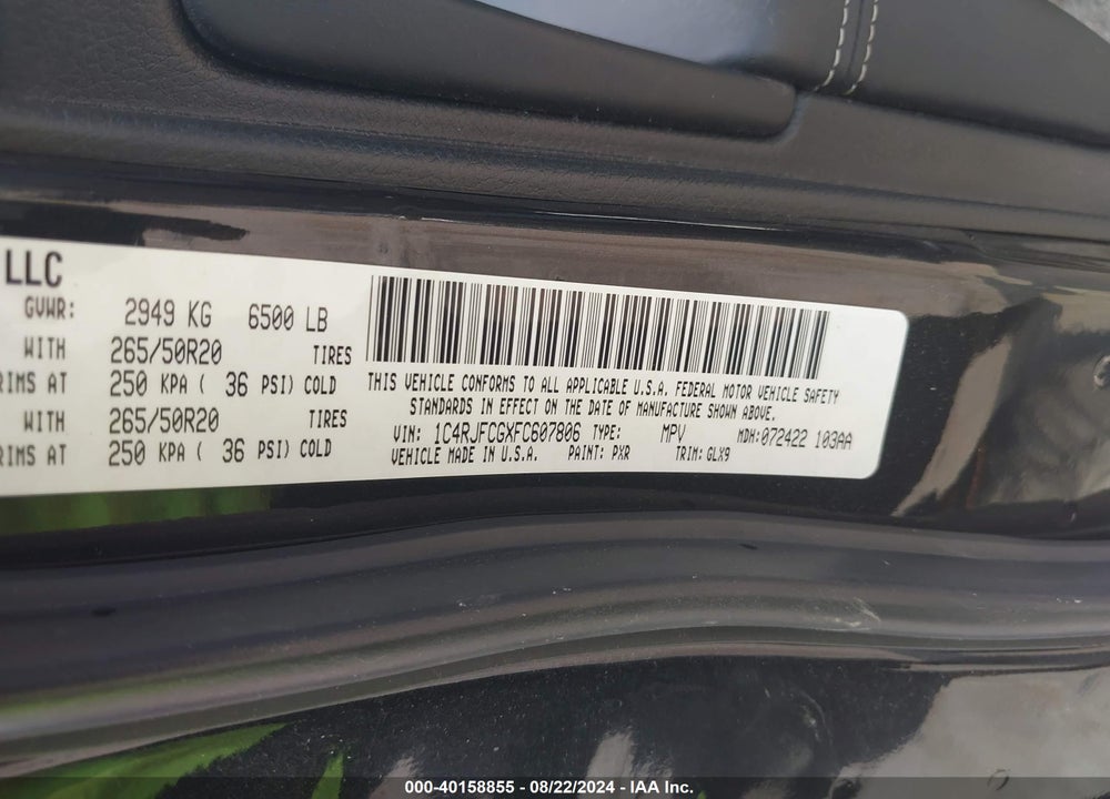2015 CHEROKEE JEEP GRAND  OVERLAND VIN: 1C4RJFCGXFC607806