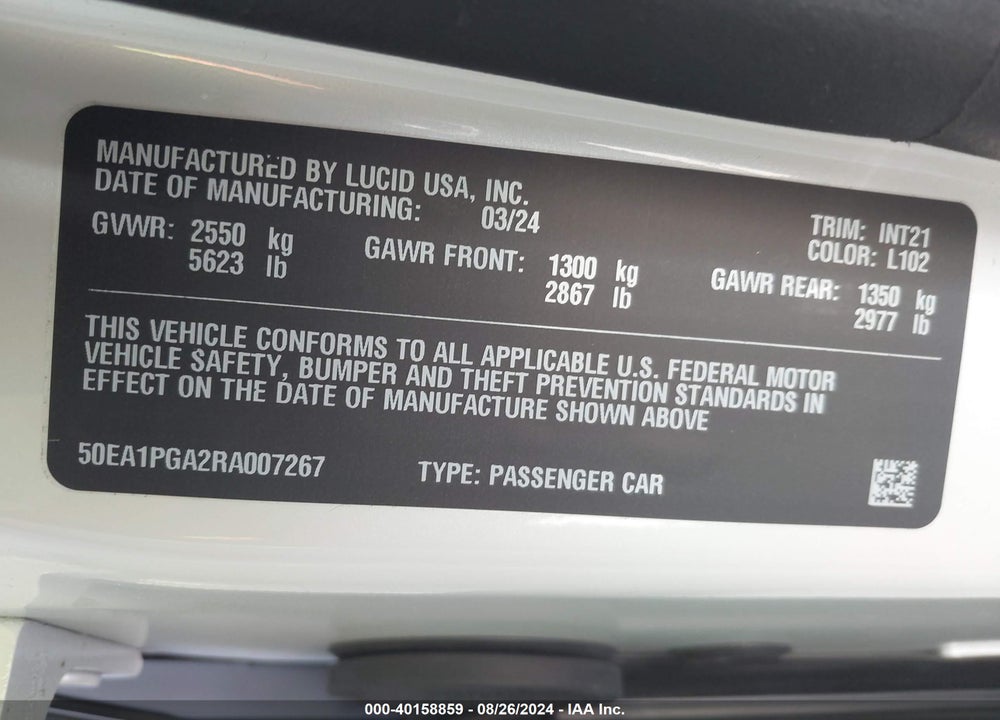 2024 LUCID AIR PURE VIN: 50EA1PGA2RA007267