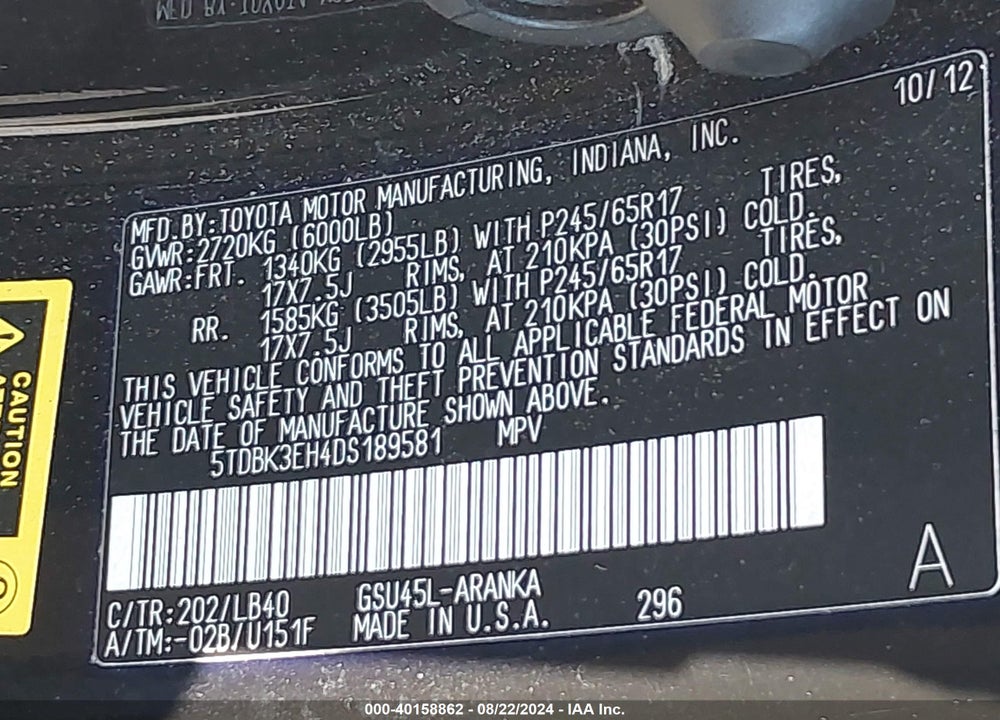 2013 TOYOTA HIGHLANDER SE V6 VIN: 5TDBK3EH4DS189581