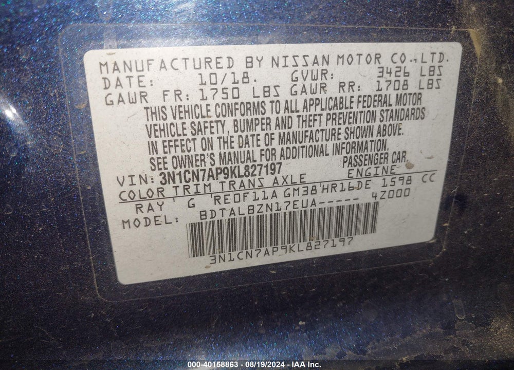 2019 NISSAN VERSA 1.6 SV VIN: 3N1CN7AP9KL827197