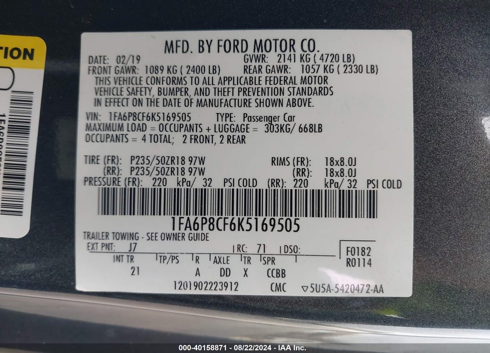 2019 FORD MUSTANG GT VIN: 1FA6P8CF6K5169505