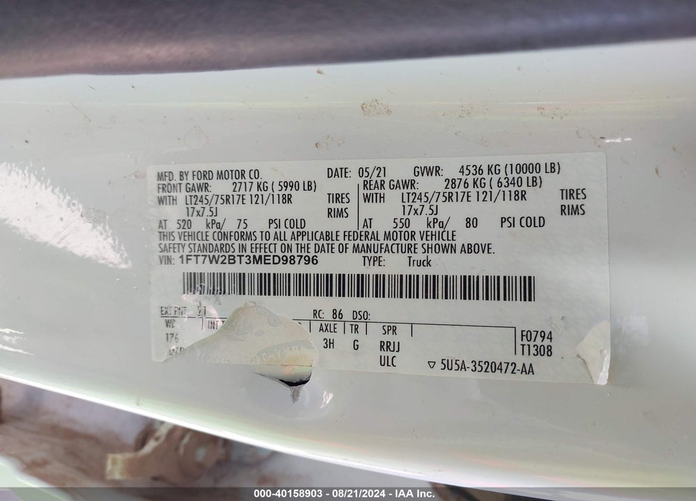 2021 FORD F-250 VIN: 1FT7W2BT3MED98796