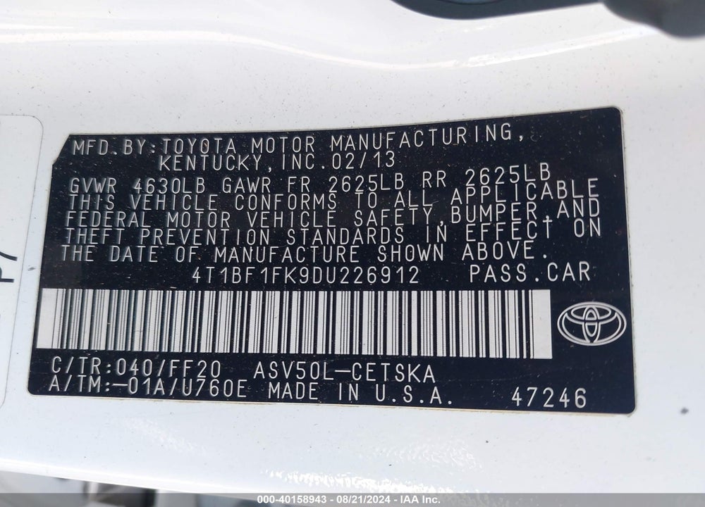 2013 TOYOTA CAMRY SE VIN: 4T1BF1FK9DU226912