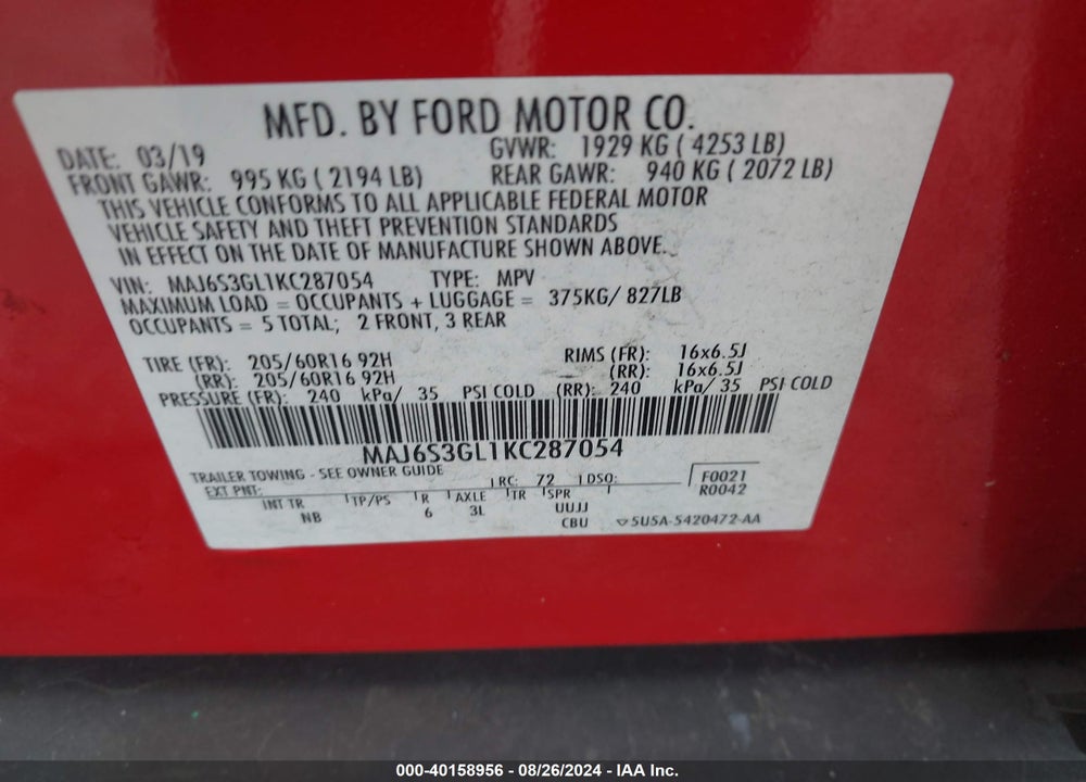2019 FORD ECOSPORT SE VIN: MAJ6S3GL1KC287054
