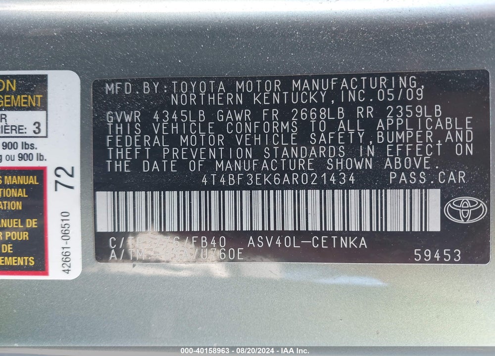 2010 TOYOTA CAMRY LE VIN: 4T4BF3EK6AR021434
