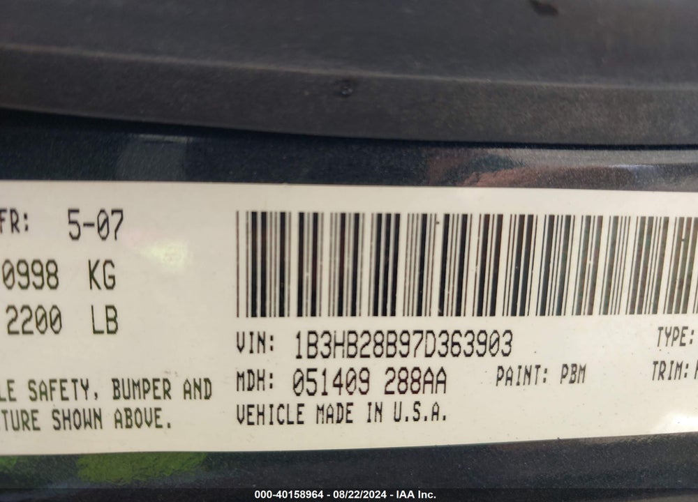 2007 DODGE CALIBER VIN: 1B3HB28B97D363903